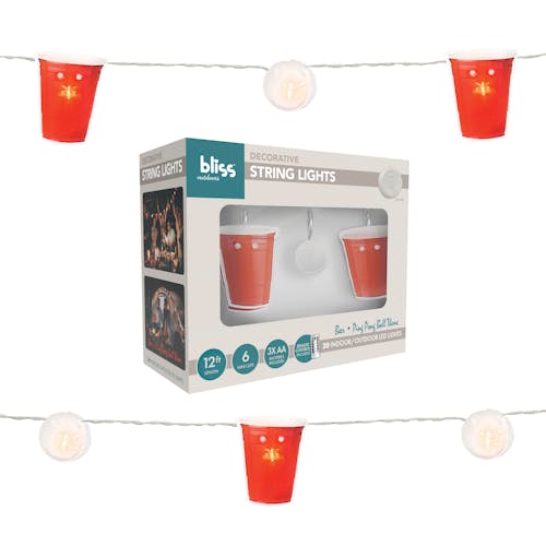 Bliss Outdoors 12-foot Beer Pong Themed String Lights with packaging.
