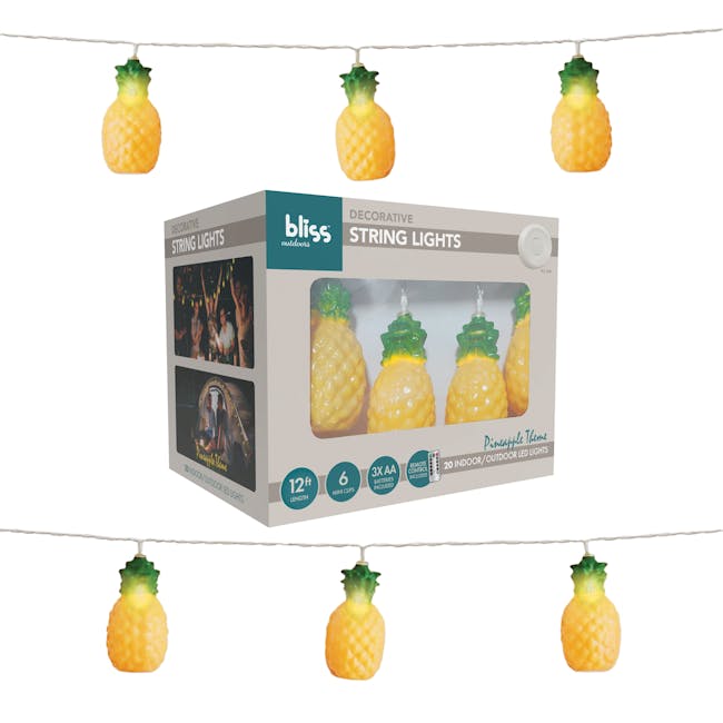 Bliss Outdoors 12-foot Pineapple Themed String Lights with packaging.