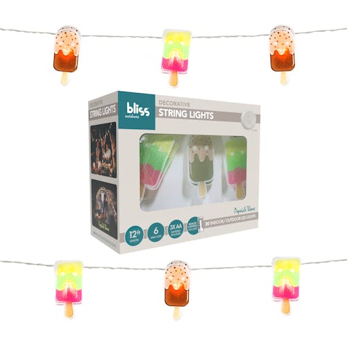 Bliss Outdoors 12-foot Popsicle Themed String Lights with packaging.