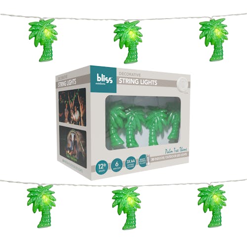 Bliss Outdoors 12-foot Palm Tree Themed String Lights with packaging.