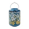 Bliss Outdoors 12-inch Solar LED Blue Lantern with Tropical Flower Design.