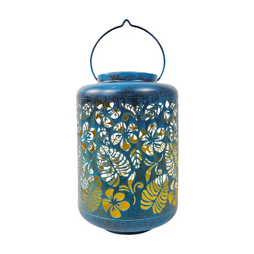 Bliss Outdoors 12-inch Solar LED Blue Lantern with Tropical Flower Design.