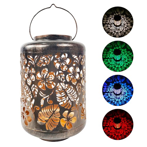 Bliss Outdoors 12-inch solar LED bronze lantern with circled images on the right showing the light pattern and colors.