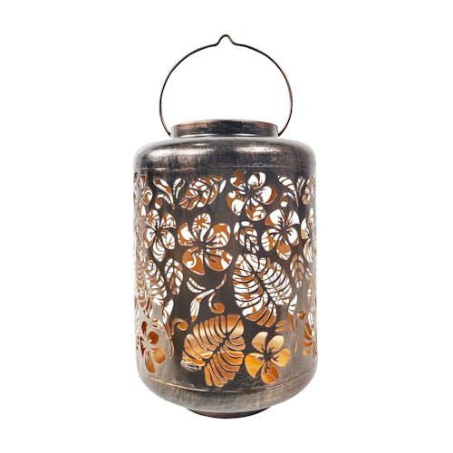 Bliss Outdoors 12-inch Solar LED Bronze Lantern with Tropical Flower Design.