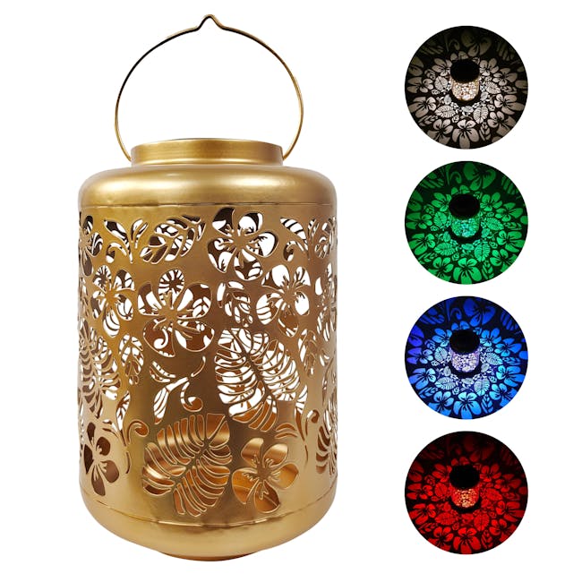 Bliss Outdoors 12-inch solar LED gold lantern with circled images on the right showing the light pattern and colors.