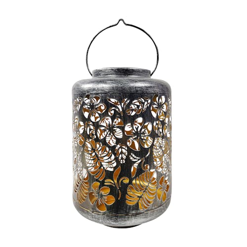 Bliss Outdoors 12-inch Solar LED Silver Lantern with Tropical Flower Design.