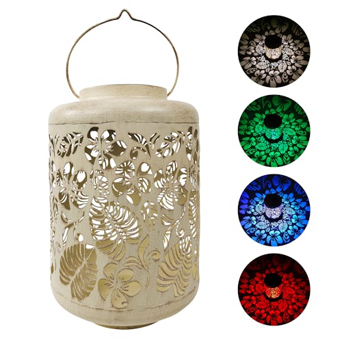 Bliss Outdoors 12-inch solar LED white lantern with circled images on the right showing the light pattern and colors.