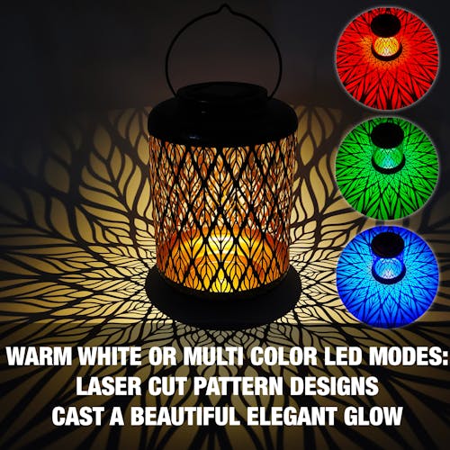 Warm white or multi-color LED modes: laser cut pattern designs cast a beautiful elegant glow.