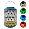 Bliss Outdoors 12-inch solar LED blue lantern with circled images on the right showing the light pattern and colors.