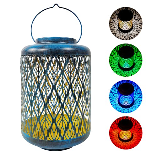 Bliss Outdoors 12-inch solar LED blue lantern with circled images on the right showing the light pattern and colors.