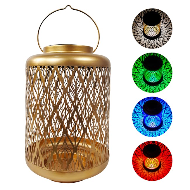 Bliss Outdoors 12-inch solar LED gold lantern with circled images on the right showing the light pattern and colors.