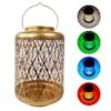 Bliss Outdoors 12-inch solar LED gold lantern with circled images on the right showing the light pattern and colors.