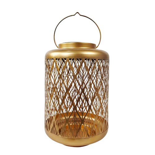 Bliss Outdoors 12-inch Solar LED Gold Lantern with Diamond Leaf Design.