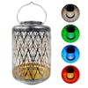 Bliss Outdoors 12-inch solar LED silver lantern with circled images on the right showing the light pattern and colors.