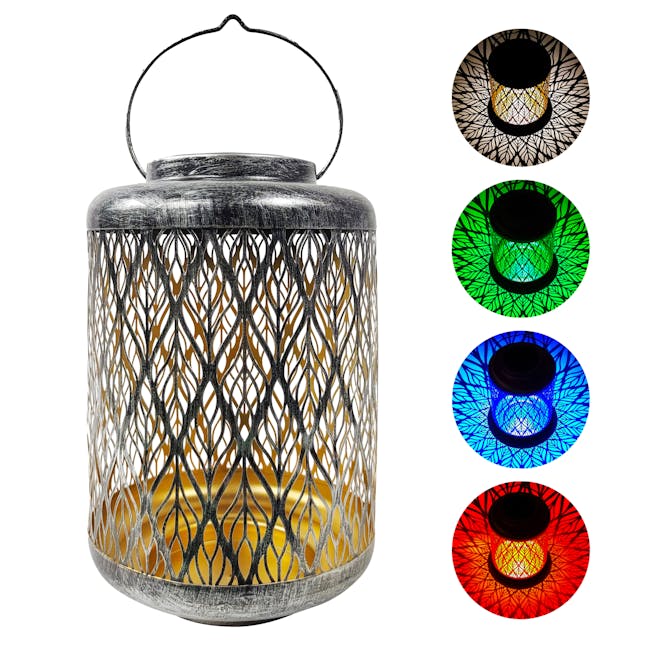 Bliss Outdoors 12-inch solar LED silver lantern with circled images on the right showing the light pattern and colors.
