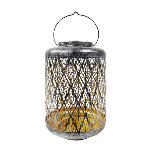 Bliss Outdoors 12-inch Solar LED Silver Lantern with Diamond Leaf Design.