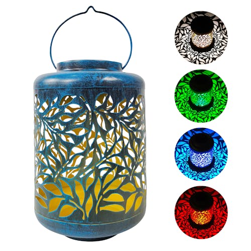 Bliss Outdoors 12 inch solar LED blue lantern with circled images on the right showing the light pattern and colors.