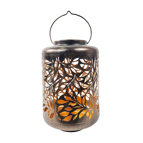Bliss Outdoors 12-inch Solar LED Bronze Lantern with Olive Leaf Design.