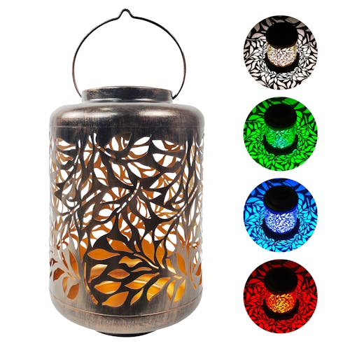 Bliss Outdoors 12 inch solar LED bronze lantern with circled images on the right showing the light pattern and colors.
