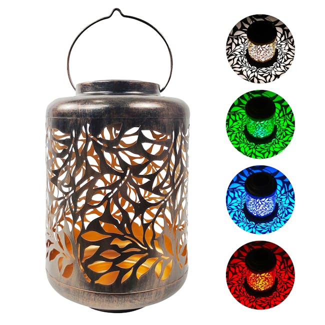 Bliss Outdoors 12 inch solar LED bronze lantern with circled images on the right showing the light pattern and colors.