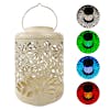 Bliss Outdoors 12 inch solar LED white lantern with circled images on the right showing the light pattern and colors.
