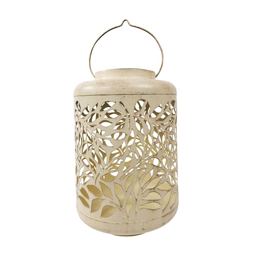 Bliss Outdoors 12-inch Solar LED Antique White Lantern with Olive Leaf Design.