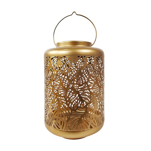 Bliss Outdoors 12-inch Solar LED Gold Lantern with Banana Leaf Design.