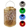 Bliss Outdoors 12 inch solar LED gold lantern with circled images on the right showing the light pattern and colors.