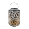 Bliss Outdoors 12-inch Solar LED Silver Lantern with Banana Leaf Design.