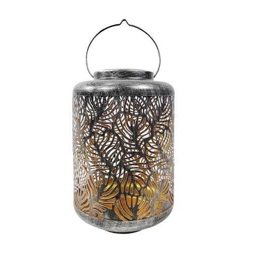 Bliss Outdoors 12-inch Solar LED Silver Lantern with Banana Leaf Design.