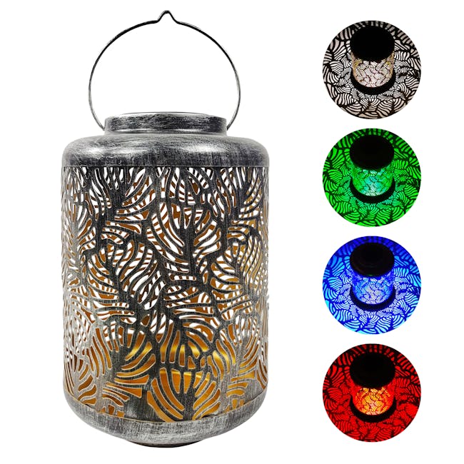 Bliss Outdoors 12 inch solar LED silver lantern with circled images on the right showing the light pattern and colors.