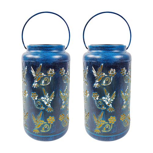 Bliss Outdoors Set of 2 9-inch Solar LED Blue Lanterns with Humming Bird Design.