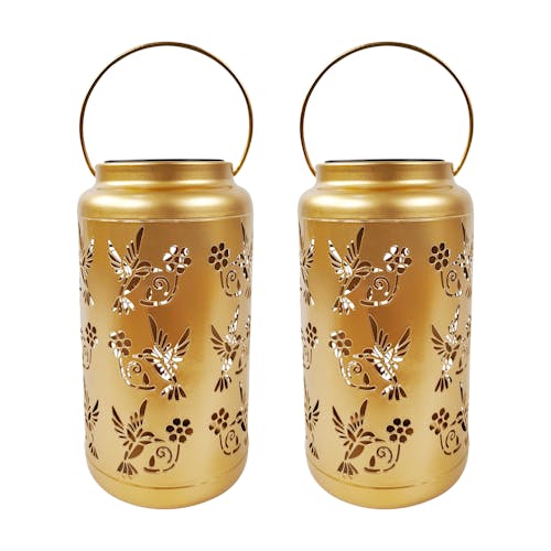 Bliss Outdoors Set of 2 9-inch Solar LED Gold Lanterns with Humming Bird Design.