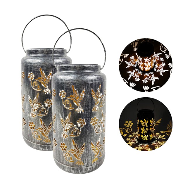 Bliss Outdoors set of 2 9-inch solar LED silver lanterns with circled images on the right showing the light pattern.