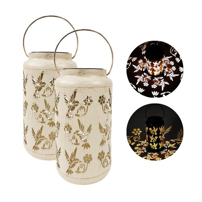 Bliss Outdoors set of 2 9-inch solar LED white lanterns with circled images on the right showing the light pattern.