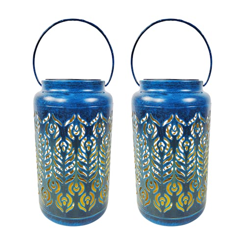 Bliss Outdoors Set of 2 9-inch Solar LED Blue Lanterns with Phoenix Feather Design.