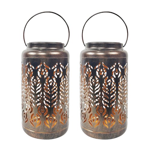 Bliss Outdoors Set of 2 9-inch Solar LED Bronze Lanterns with Phoenix Feather Design.