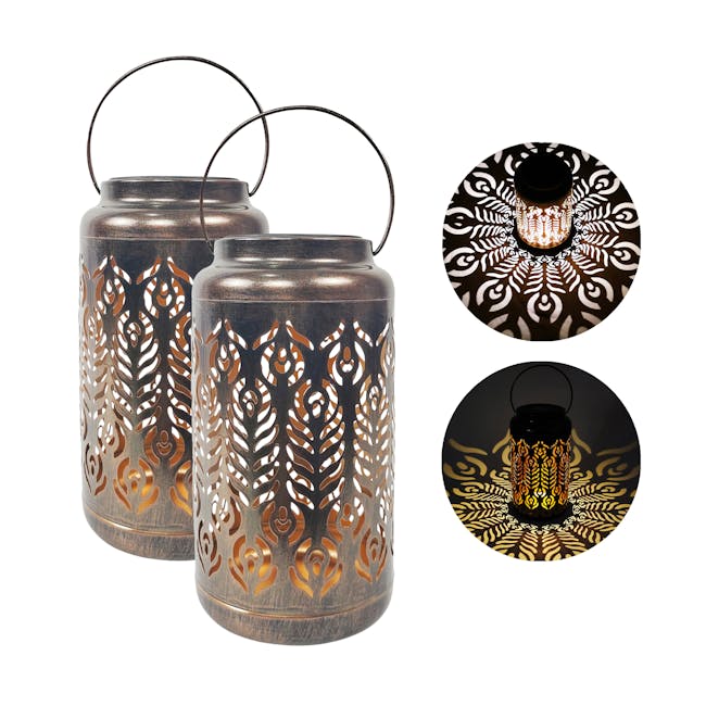 Bliss Outdoors set of 2 9-inch solar LED bronze lanterns with circled images on the right showing the light pattern.