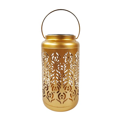 9-inch solar LED gold lantern with phoenix feather design.
