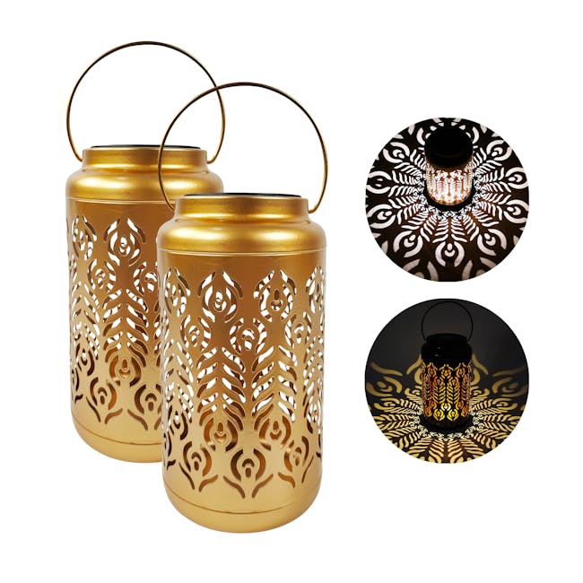 Bliss Outdoors set of 2 9-inch solar LED gold lanterns with circled images on the right showing the light pattern.