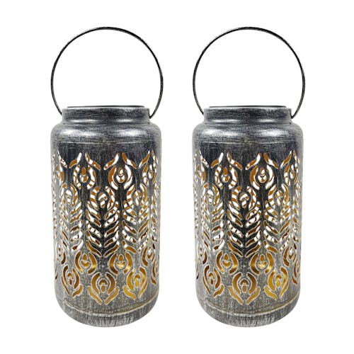 Bliss Outdoors Set of 2 9-inch Solar LED Silver Lanterns with Phoenix Feather Design.