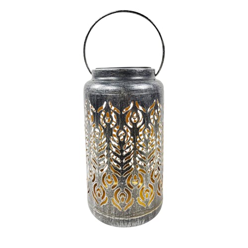 9-inch solar LED silver lantern with phoenix feather design.