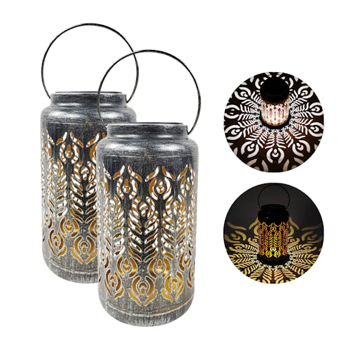 Bliss Outdoors set of 2 9-inch solar LED silver lanterns with circled images on the right showing the light pattern.