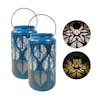 Bliss Outdoors set of 2 9-inch solar LED blue lanterns with circled images on the right showing the light pattern.