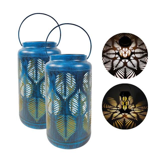 Bliss Outdoors set of 2 9-inch solar LED blue lanterns with circled images on the right showing the light pattern.