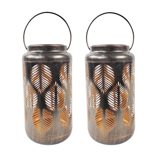 Bliss Outdoors Set of 2 9-inch Solar LED Bronze Lanterns with Tropical Leaf Design.