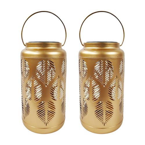Bliss Outdoors Set of 2 9-inch Solar LED Gold Lanterns with Tropical Leaf Design.