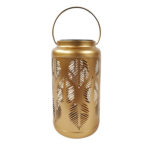 9-inch solar LED gold lantern with tropical leaf design.
