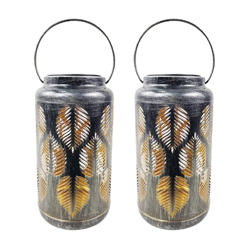 Bliss Outdoors Set of 2 9-inch Solar LED Silver Lanterns with Tropical Leaf Design.