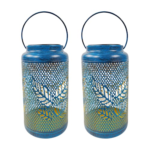 Bliss Outdoors Set of 2 9-inch Solar LED Blue Lanterns with Berry Leaf Design.